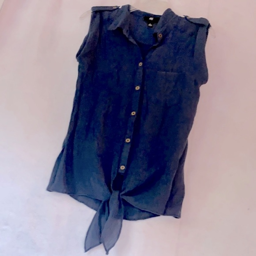 IZ Byer Navy Blue Sleeveless Tie Front Button-Up Blouse With Epaulets Size M